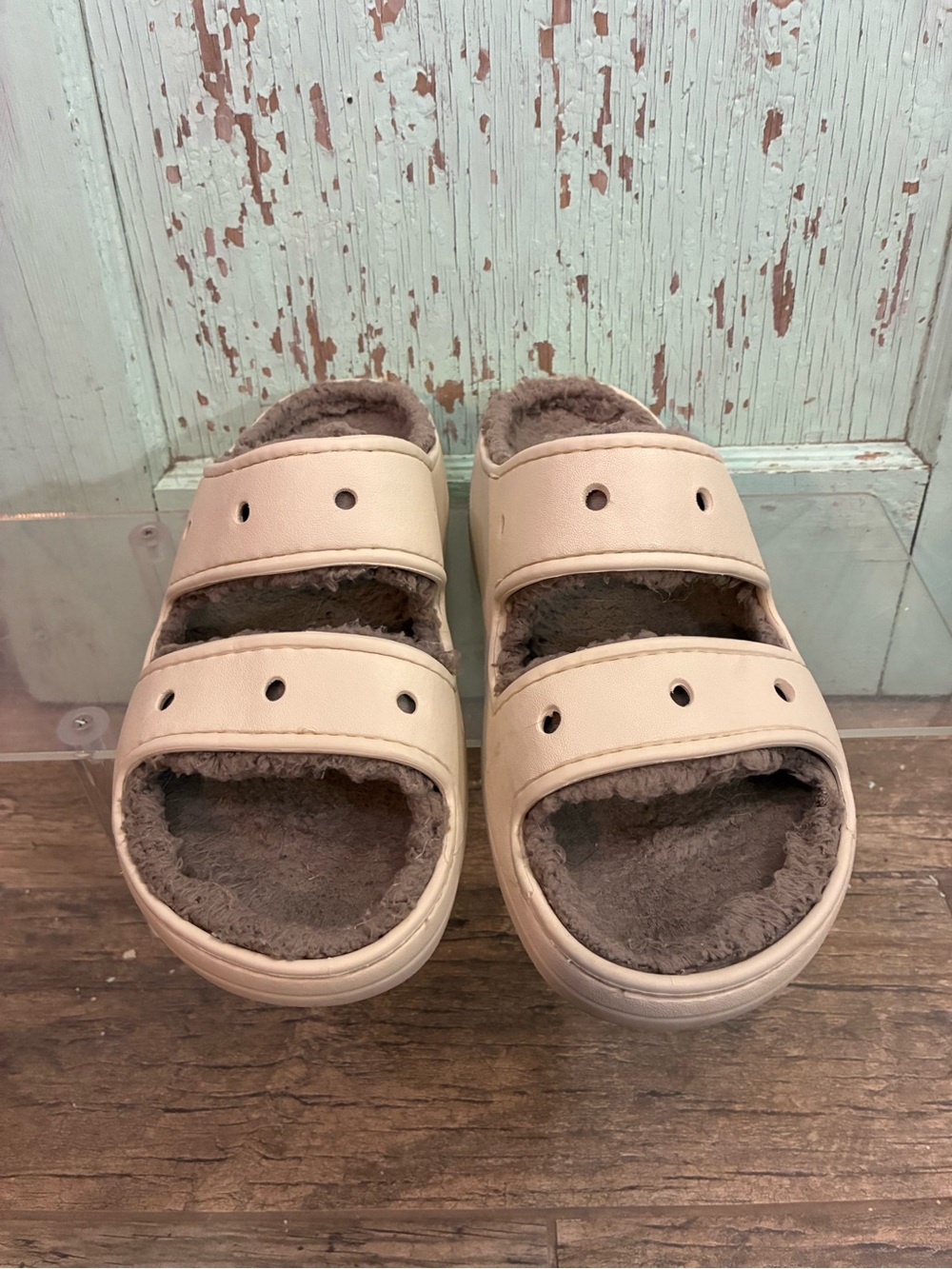 Unisex CROCS Cream Slide Sandals with Brown Fleece Lining